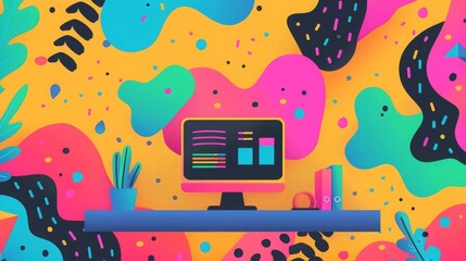 Create a colorful and vibrant illustration of a workspace with a computer, plants, and other office supplies