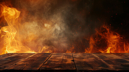 Blank wooden table with fire burning at the edge of the table, fire sparks and smoke with flames on a dark background to display products