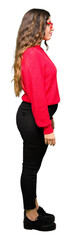 Young beautiful woman wearing red glasses looking to side, relax profile pose with natural face with confident smile.