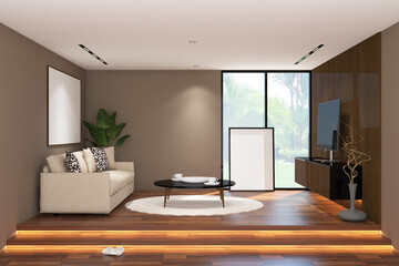 3d rendering illustration of living interior of floor stage with sofa, credenza side the window and frame mock up. Wood parquet floor, light brown wall finish and white ceiling. Set 1