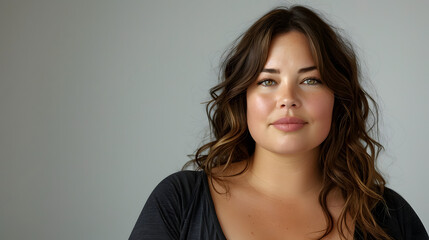 Naklejka premium Beautiful Overweight Woman Age 30 in gym outfit looking in the camera, real skin texture