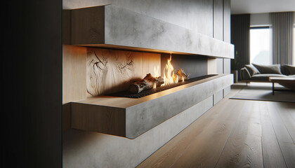 A fireplace with a wooden mantel and a mantle shelf. The mantel is made of wood and the shelf is made of concrete. The fireplace is lit and the flames are orange. The room has a modern