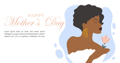 Happy Mother's Day simple banner. The girl with a flower. Postcard for the holiday Women's Day