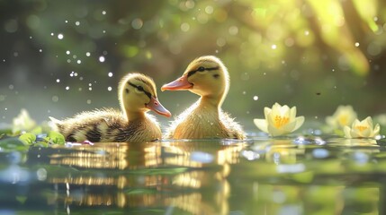Two ducklings swimming in a pond with water lilies. - Powered by Adobe