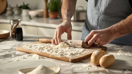 A man is preparing flour on a cutting board.