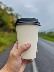 A person holding a coffee cup on the side of the road.
