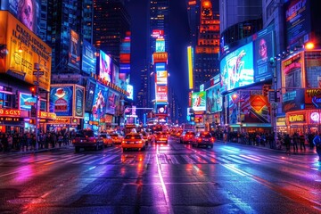 Naklejka premium urban city bustling street with bright lights professional photography