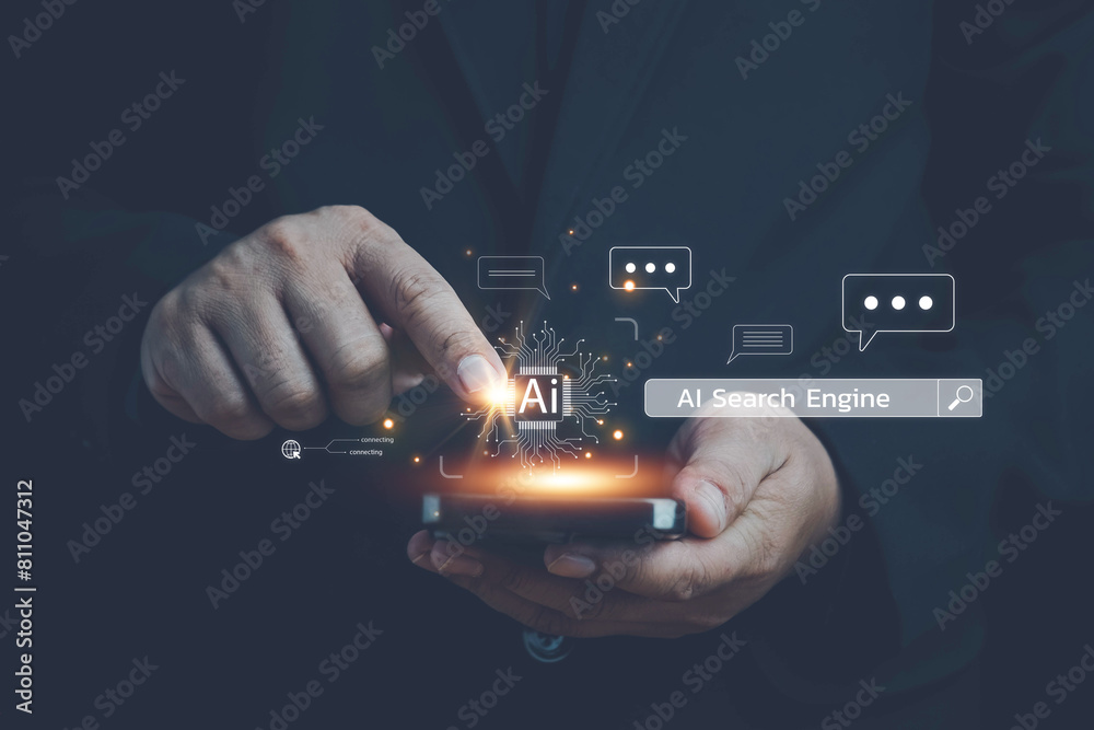 Poster ai tech, chatbot with ai, artificial intelligence, search engine, businessman using laptop connectio