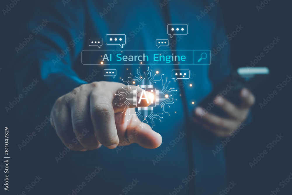 Poster ai tech, chatbot with ai, artificial intelligence, search engine, businessman using laptop connectio