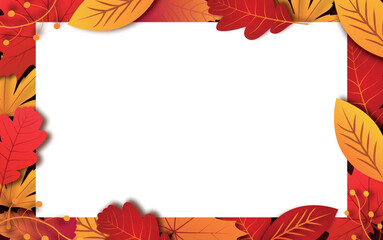 Autumn seasonal rectangle frame background. Colorful autumn frame with leaves for text. Autumn promo poster. Seasonal banner or greeting card for autumn. Vector stock
