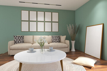 3d rendering illustration of living interior of floor stage with sofa and frame mock up. Wood parquet floor, green wall finish and white ceiling. Set 8