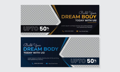 Modern fitness gym training facebook cover web banner design template for social media online workout ads growth marketing promotion bundle set, fully editable layered vector with place for photos
