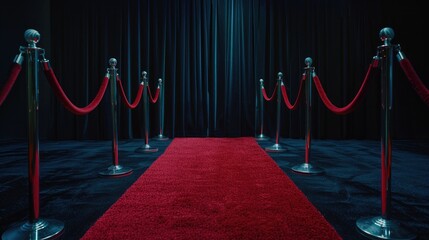 a red carpet adorned with silver starry flashlights leading to the entrance of an event hall.