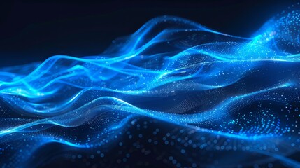 Blue and black abstract digital wave with glowing particles.