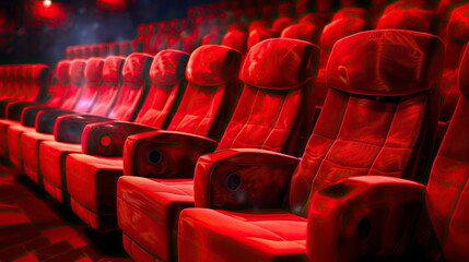 Fototapeta premium a classic movie theater with rows of red velvet cinema seats against a softly blurred background.