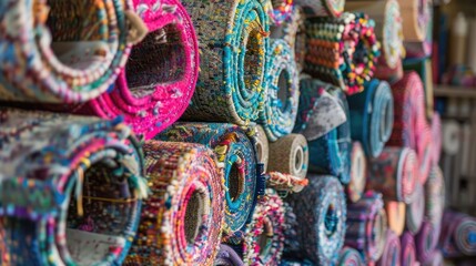 carpet rolls, showcasing diverse colors and textures on display in a store setting.