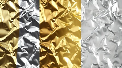 Collection of elegant textured metal surfaces - gold, silver crumpled foil background for luxury design