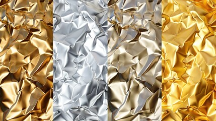 Collection of elegant textured metal surfaces - gold, silver crumpled foil background for luxury design