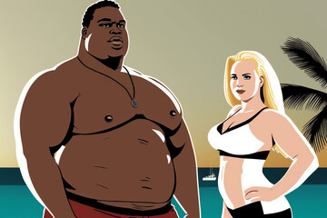 Overweight man and fit woman couple. Power of love. Beauty inside concept