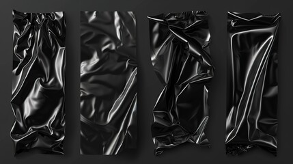 Elegant black fabric textures - collection of luxurious folds and wrinkles of dark material for background and design
