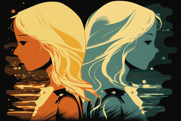 Same sex relationship. Artistic dramatic portrait of two women.