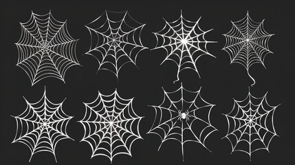Collection of intricate webs and spiders - detailed illustrations on a dark background