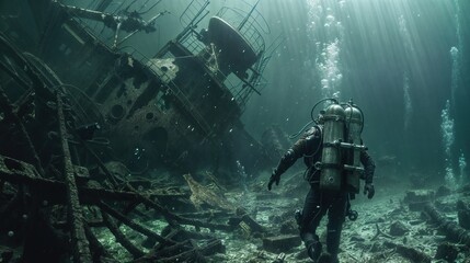 Diver exploring a mysterious shipwreck on the ocean floor