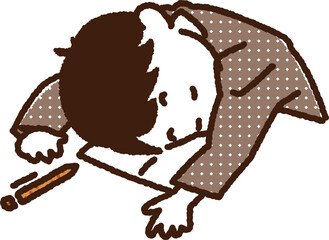テストで疲れて寝る学生　寝落ちする学生　男の子