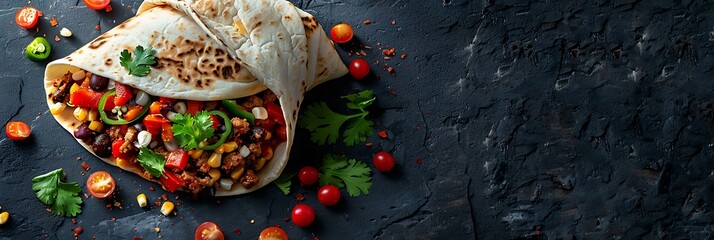 Fresh Breakfast burrito with salsa, realistic food banner, top view with copy space