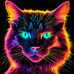 A tangle of feline animals on a neon black background of digital particles.