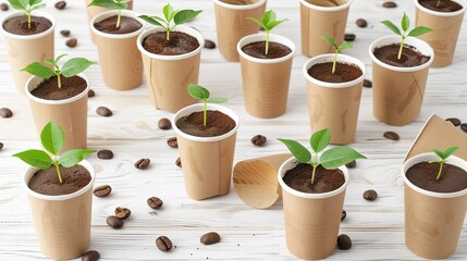 old disposable coffee capsules as flower pots, featuring a small green sprout, on a backdrop of disassembled paper cups strewn across a white wooden table surface with scattered coffee beans.