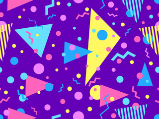 Geometric seamless pattern with memphis elements in 80s style. Colorful geometric pattern. Design of promotional products, wrapping paper and printing. Vector illustration