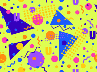 Obraz premium Geometric seamless pattern with memphis elements in 80s style. Colorful geometric pattern. Design of promotional products, wrapping paper and printing. Vector illustration