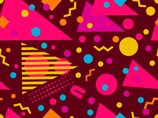 Geometric seamless pattern with memphis elements in 80s style. Colorful geometric pattern. Design of promotional products, wrapping paper and printing. Vector illustration