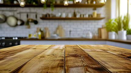 Empty beautiful wood table and blur bokeh modern kitchen interior background in clean and bright.
