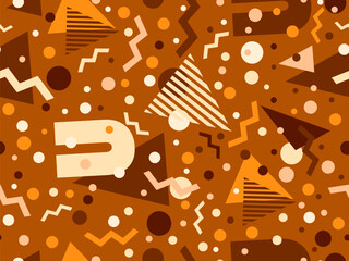 Memphis seamless pattern with geometric shapes in 80s and 90s style. Geometric shapes of different shapes and colors. Design of promotional products, wrapping paper and printing. Vector illustration