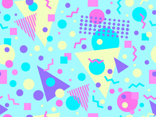 Memphis seamless pattern with geometric shapes in 80s and 90s style. Geometric shapes of different shapes and colors. Design of promotional products, wrapping paper and printing. Vector illustration