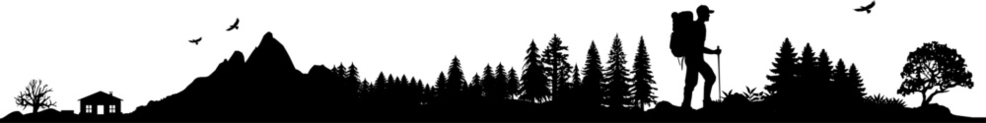 Obraz premium Vektor Silhouette Berge Wanderer in der Natur - Abenteuer Wandern in den Wäldern und Gebirgen - Wildnis Camping