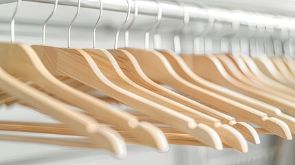 hangers adorned with women's clothing, while the background is blurred, drawing attention to a wooden sweater and t-shirt hanging elegantly on the rack.