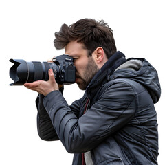 A professional photographer with a DSLR camera, ready to capture a moment, on a transparent background.