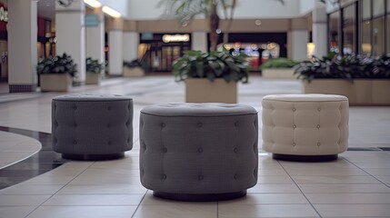 shopping mall lounge area adorned with three round grey and beige fabric footstools, set against a backdrop of contemporary planters.