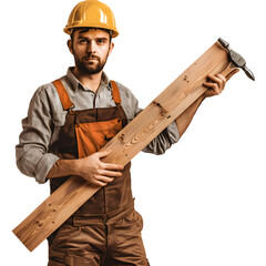 A carpenter in work attire, holding a hammer and a wooden plank, on a transparent background.