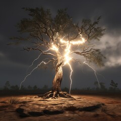 Fototapeta premium Dramatic Scene of a Tree Struck by Lightning in a Dark Nighttime Setting