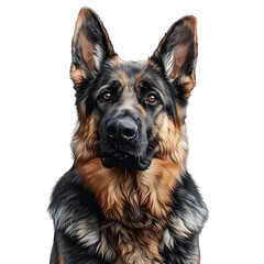 A German Shepherd, attentive and courageous, with a classic black and tan coat, on a transparent background.