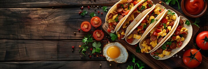 Fresh Breakfast tacos with scrambled eggs and chorizo, realistic food banner, top view with copy space