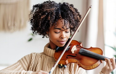 Serene Young Black Woman Playing Violin