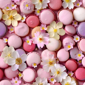 A close up of pink and white pastries with flowers on top. Concept of delicacy and sweetness, as the pastries are arranged in a visually appealing manner