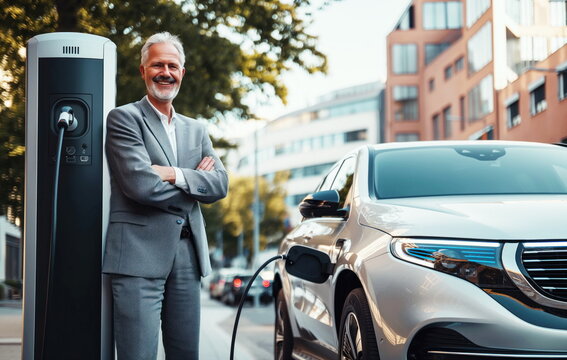 Smiling Senior Man Charging Electric Vehicle