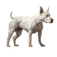 A Bull Terrier, distinctive for its egg-shaped head and muscular build, on a transparent background.
