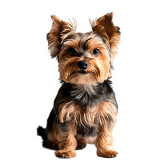 A Yorkshire Terrier, small in size with a fine, silky coat, on a transparent background.